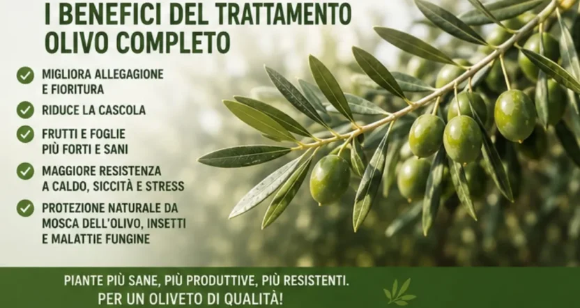 Benefici del trattamento olivo completo per allegagione, cascola, resistenza e difesa della pianta.