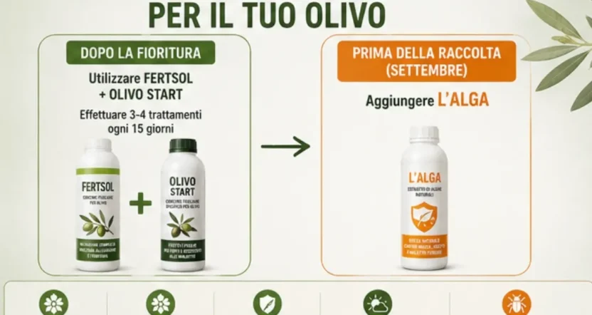 Come usare il trattamento olivo completo dopo la fioritura e prima della raccolta per proteggere l’olivo.